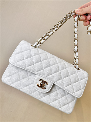 Chanel Small Classic Flap Bag Grained Calfskin Gold Tone Metal White 01117 TOP
