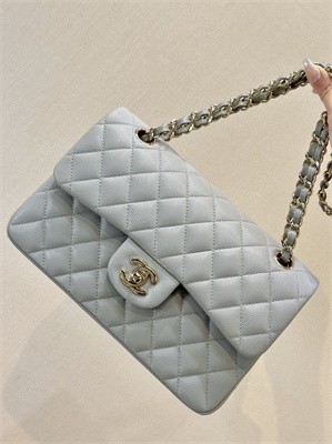 Chanel Small Classic Flap Bag Grained Calfskin Gold Tone Metal Grey 01117 TOP