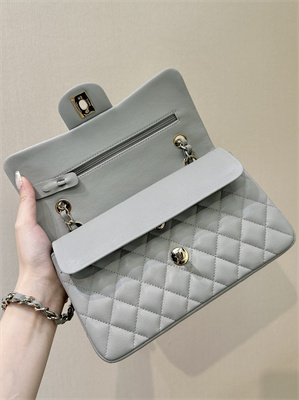 Chanel Small Classic Flap Bag Grained Calfskin Gold Tone Metal Grey 01117 TOP