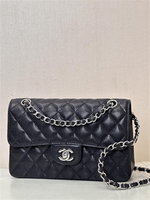 Chanel Small Classic Flap Bag Grained Calfskin Silver Tone Metal Black 01117 TOP