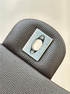 Chanel Medium Classic Flap Bag Grained Calfskin Silver Tone Metal Dk Coffee 01112 TOP