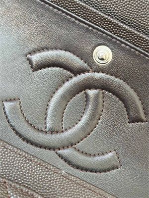 Chanel Medium Classic Flap Bag Grained Calfskin Silver Tone Metal Dk Coffee 01112 TOP