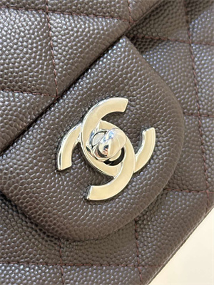 Chanel Medium Classic Flap Bag Grained Calfskin Silver Tone Metal Dk Coffee 01112 TOP