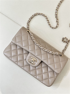 Chanel Small Classic Flap Bag Lambskin Gold Tone Metal  Cream Grey 01117 TOP