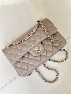 Chanel Small Classic Flap Bag Lambskin Gold Tone Metal  Cream Grey 01117 TOP