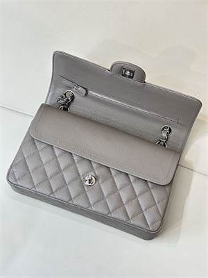 Chanel Medium Classic Flap Bag Grained Calfskin Silver Tone Metal Etoupe 01112 TOP