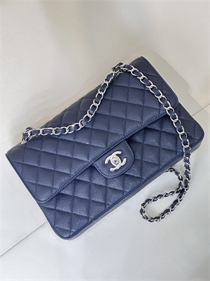 Chanel Medium Classic Flap Bag Grained Calfskin Silver Tone Metal Navy 01112 TOP