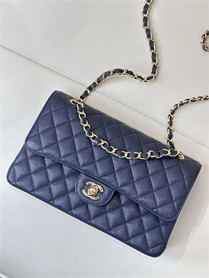 Chanel Medium Classic Flap Bag Grained Calfskin Gold Tone Metal Navy 01112 TOP