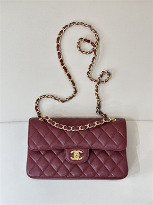 Chanel Small Classic Flap Bag Grained Calfskin Gold Tone Metal Burgundy 01117 TOP