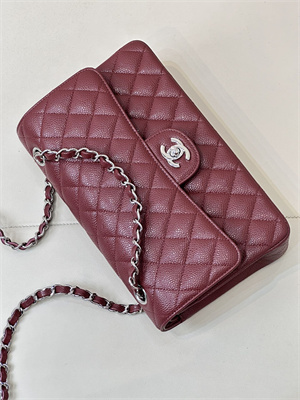 Chanel Medium Classic Flap Bag Grained Calfskin Silver Tone Metal Burgundy 01112 TOP