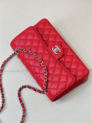 Chanel Medium Classic Flap Bag Grained Calfskin Silver Tone Metal Chinese Red 01112 TOP