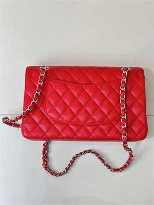 Chanel Medium Classic Flap Bag Grained Calfskin Silver Tone Metal Chinese Red 01112 TOP
