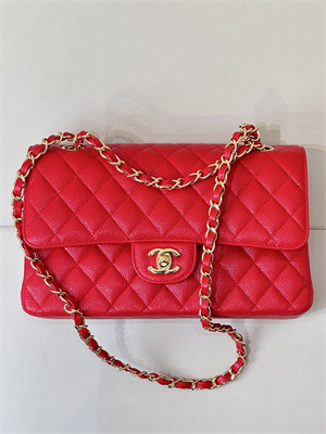 Chanel Medium Classic Flap Bag Grained Calfskin Gold Tone Metal Chinese Red 01112 TOP