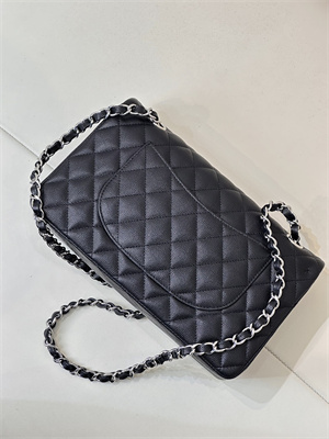 Chanel Medium Classic Flap Bag Grained Calfskin Silver Tone Metal Black 01112 TOP