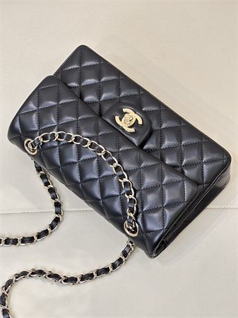 Chanel Small Classic Flap Bag Lambskin Gold Tone Metal Black 01117 TOP