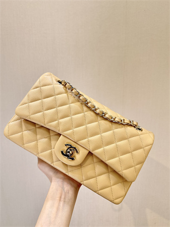 Chanel Medium Classic Flap Bag Grained Calfskin Gold Tone Metal Beige 01112 TOP