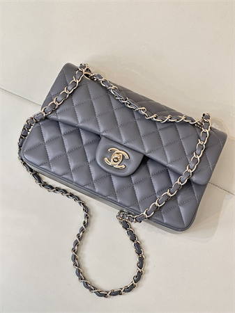 Chanel Small Classic Flap Bag Lambskin Gold Tone Metal Dk Grey 01117 TOP