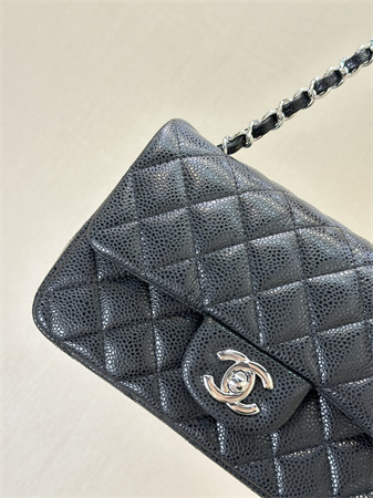 Chanel Mini Classic Flap Bag Grained Calfskin Silver Tone Metal Black Color 01116 TOP