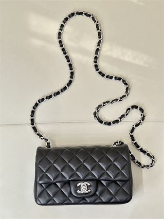 Chanel Mini Classic Flap Bag Lambskin Silver Tone Metal Black Color 01116 TOP