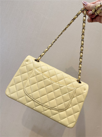 Chanel Medium Classic Flap Bag Lambskin Gold Tone Metal Yellow 01112 TOP