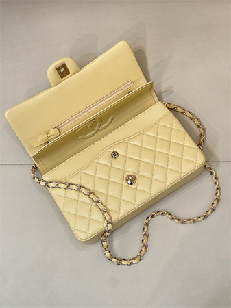 Chanel Medium Classic Flap Bag Lambskin Gold Tone Metal Yellow 01112 TOP