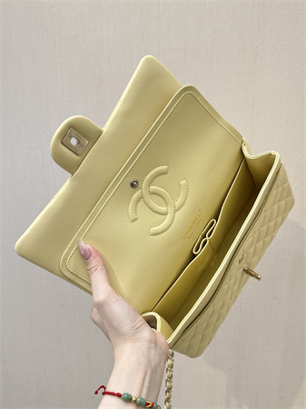 Chanel Small Classic Flap Bag Lambskin Gold Tone Metal Yellow 01117 TOP