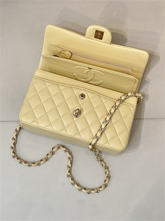 Chanel Small Classic Flap Bag Lambskin Gold Tone Metal Yellow 01117 TOP