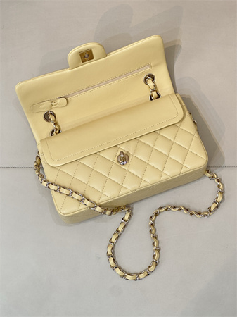 Chanel Small Classic Flap Bag Lambskin Gold Tone Metal Yellow 01117 TOP