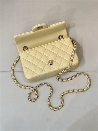 Chanel Mini Classic Flap Bag Lambskin Gold Tone Metal Yellow Color 01116 TOP
