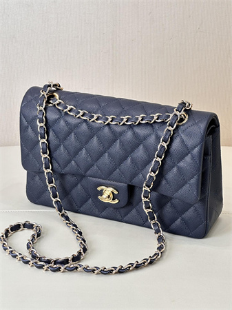Chanel Medium Classic Flap Bag Grained Calfskin Gold Tone Metal Navy 01112 TOP
