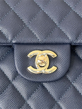 Chanel Small Classic Flap Bag Grained Calfskin Gold Tone Metal Navy 01117 TOP