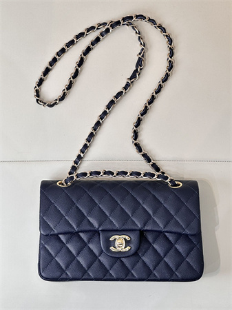 Chanel Small Classic Flap Bag Grained Calfskin Gold Tone Metal Navy 01117 TOP