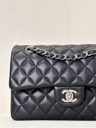 Chanel Small Classic Flap Bag Lambskin Silver Tone Metal Black 01117 TOP