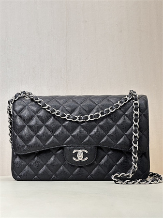 Chanel Large Classic Flap Bag Grained Cafskin Silver Tone Metal Black 58600 TOP