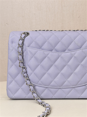 Chanel Medium Classic Flap Bag Grained Calfskin Silver Tone Metal Lt Purple 01112 TOP