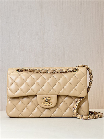 Chanel Small Classic Flap Bag Lambskin Gold Tone Metal Beige 01117 TOP