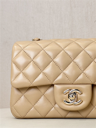Chanel Mini Classic Flap Bag Lambskin Gold Tone Metal Beige Color 01116 TOP