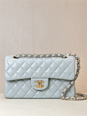 Chanel Small Classic Flap Bag Lambskin Gold Tone Metal Baby Blue 01117 TOP