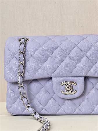 Chanel Small Classic Flap Bag Grained Calfskin Silver Tone Metal Lt Purple 01117 TOP