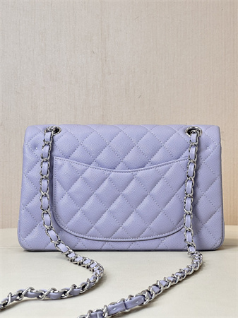 Chanel Small Classic Flap Bag Grained Calfskin Silver Tone Metal Lt Purple 01117 TOP