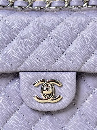Chanel Small Classic Flap Bag Grained Calfskin Silver Tone Metal Lt Purple 01117 TOP