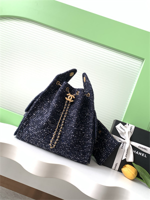 Chanel 25 Medium Handbag Tweed Gold Tone Metal Navy AS5311