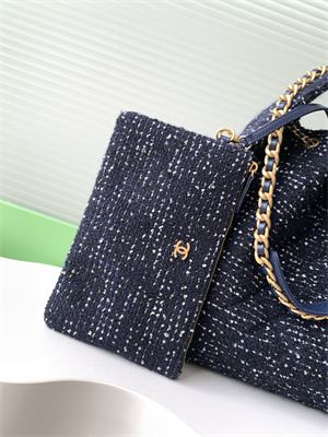 Chanel 25 Medium Handbag Tweed Gold Tone Metal Navy AS5311