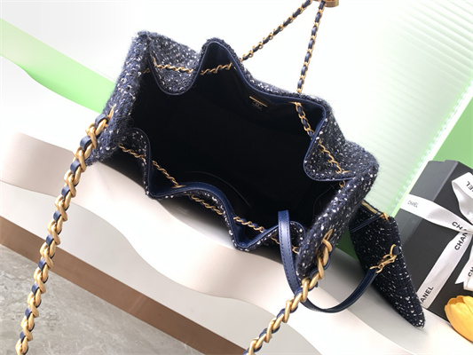 Chanel 25 Medium Handbag Tweed Gold Tone Metal Navy AS5311