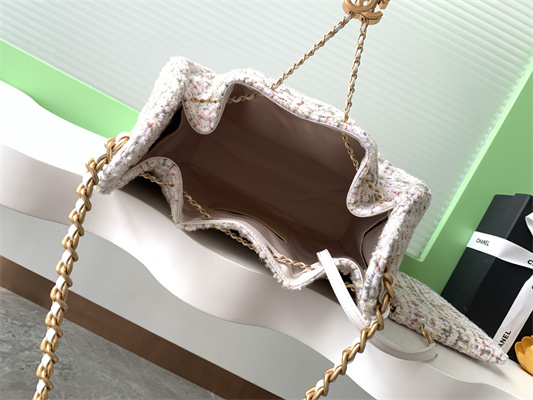 Chanel 25 Medium Handbag Tweed Gold Tone Metal White AS5311