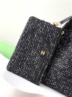 Chanel 25 Medium Handbag Tweed Gold Tone Metal Black AS5311