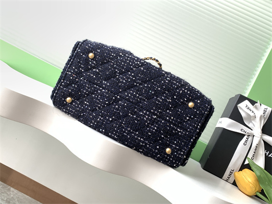 Chanel 25 Small Handbag Tweed Gold Tone Metal Navy AS5293