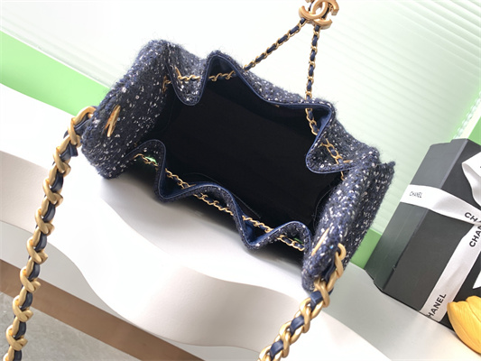Chanel 25 Small Handbag Tweed Gold Tone Metal Navy AS5293