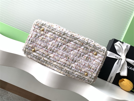 Chanel 25 Small Handbag Tweed Gold Tone Metal White AS5293