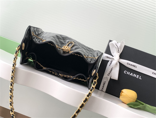 Chanel 25 Medium Handbag Shinny Smooth Calfskin Gold Tone Metal Black AS5311